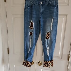 2 For $40 VENUS Blue Boyfriend Jeans with Leopard Details